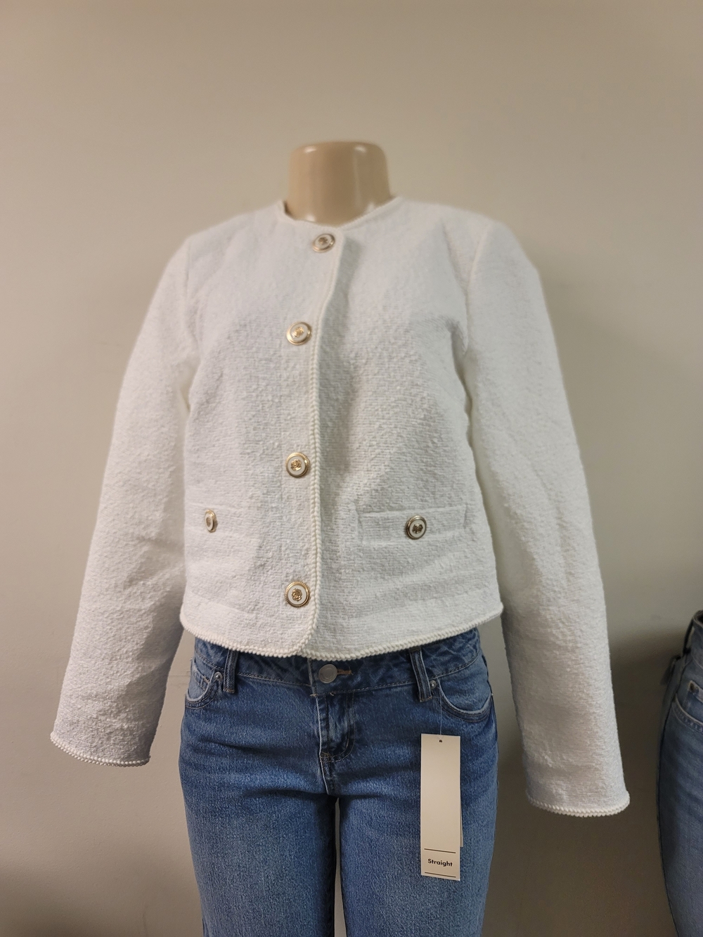 White Bouclé Button-Front Jacket